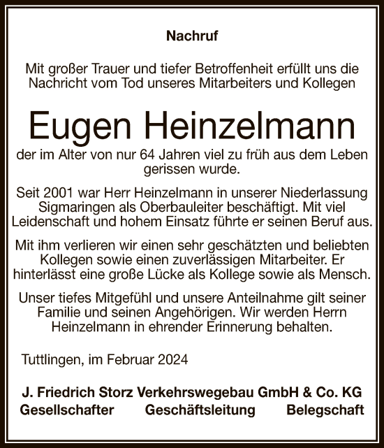 Anzeige von Eugen Heinzelmann von Reutlinger General-Anzeiger