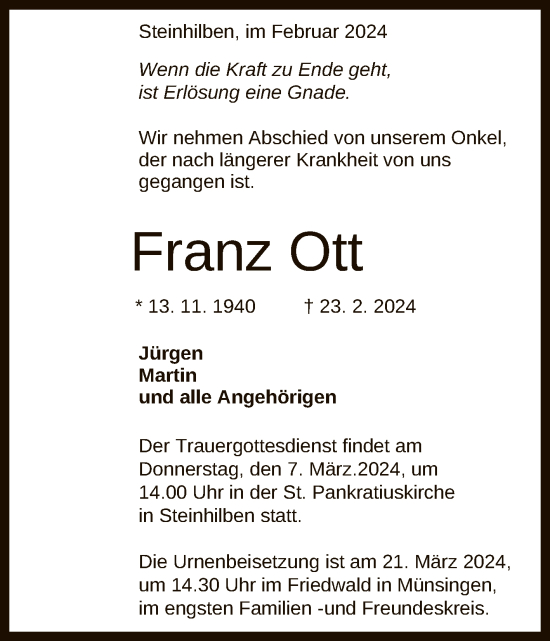 Anzeige von Franz Ott von Reutlinger General-Anzeiger