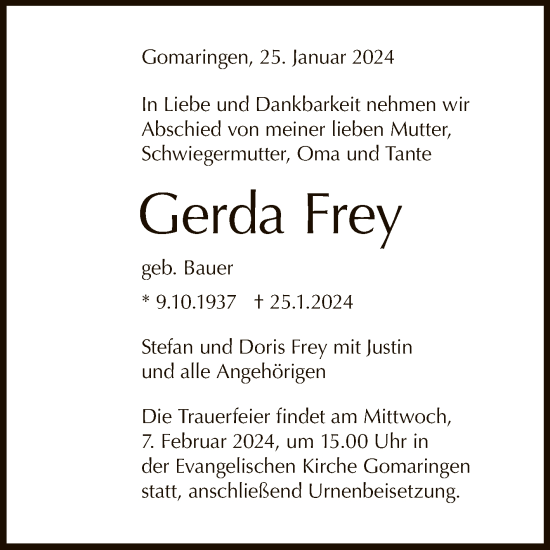 Anzeige von Gerda Frey von Reutlinger General-Anzeiger