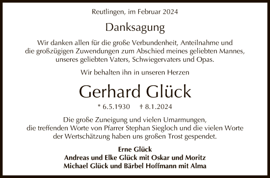 Anzeige von Gerhard Glück von Reutlinger General-Anzeiger