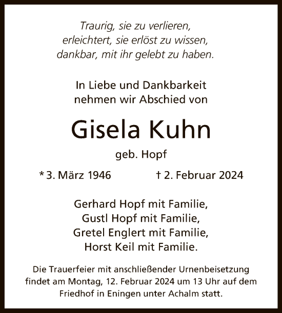 Anzeige von Gisela Kuhn von Reutlinger General-Anzeiger