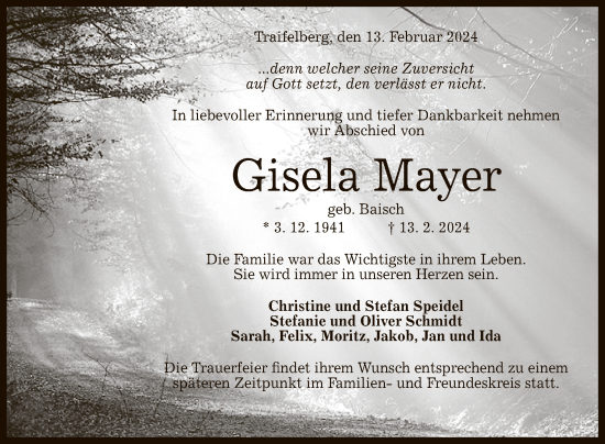 Anzeige von Gisela Mayer von Reutlinger General-Anzeiger