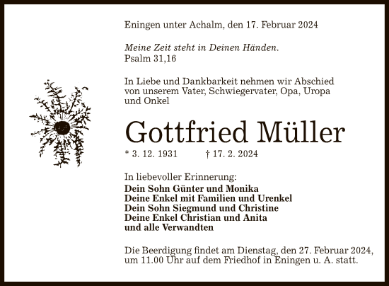 Anzeige von Gottfried Müller von Reutlinger General-Anzeiger