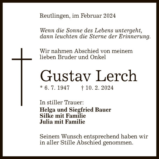 Anzeige von Gustav Lerch von Reutlinger General-Anzeiger