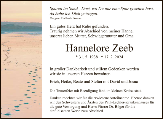 Anzeige von Hannelore Zeeb von Reutlinger General-Anzeiger
