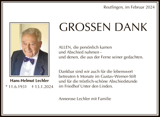 Anzeige von Hans-Helmut Lechler von Reutlinger General-Anzeiger