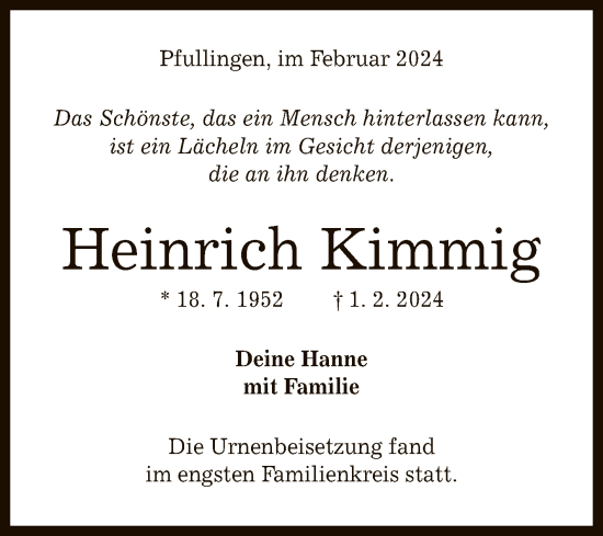 Anzeige von Heinrich Kimmig von Reutlinger General-Anzeiger