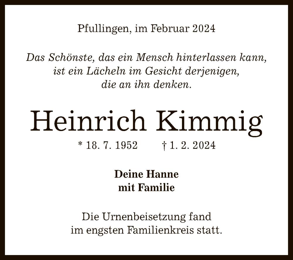  Traueranzeige für Heinrich Kimmig vom 17.02.2024 aus Reutlinger General-Anzeiger