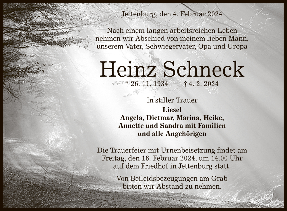  Traueranzeige für Heinz Schneck vom 09.02.2024 aus Reutlinger General-Anzeiger