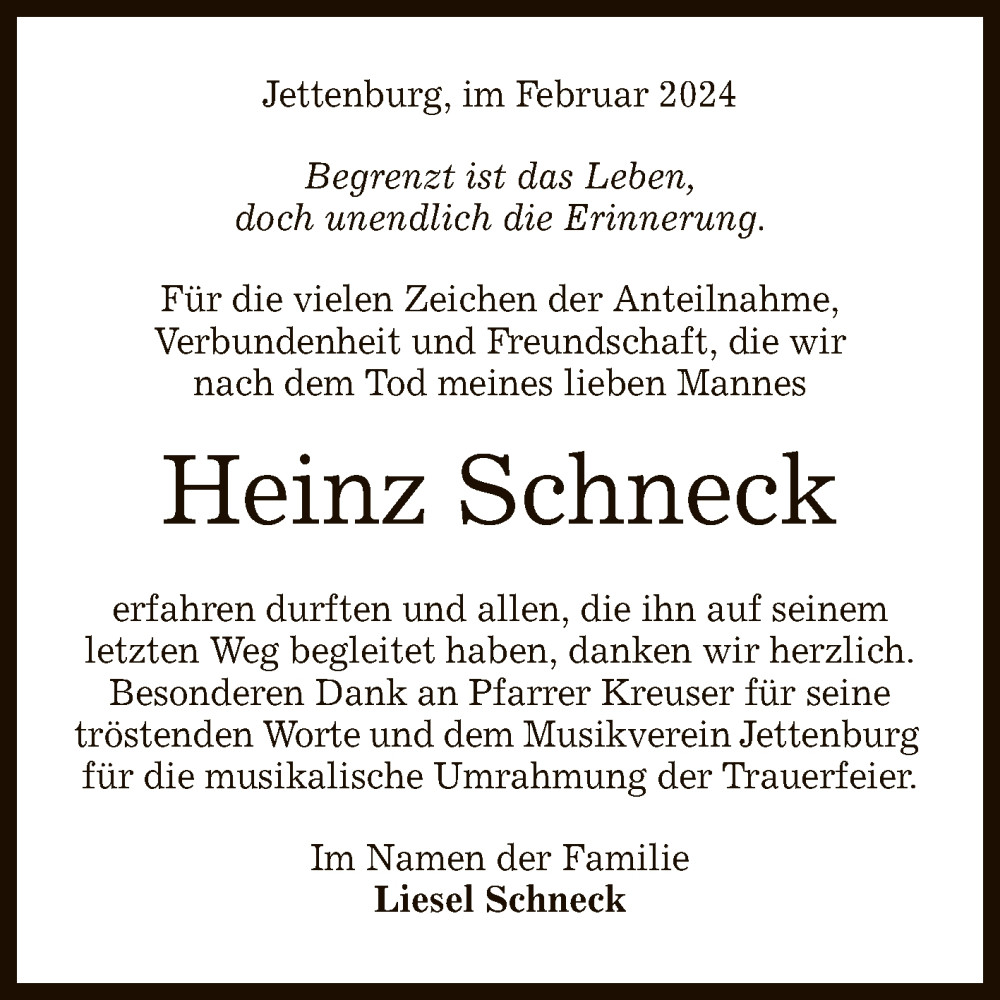  Traueranzeige für Heinz Schneck vom 23.02.2024 aus Reutlinger General-Anzeiger