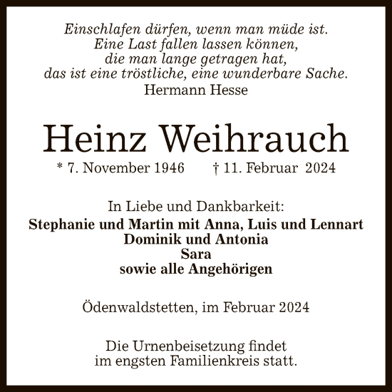 Anzeige von Heinz Weihrauch von Reutlinger General-Anzeiger