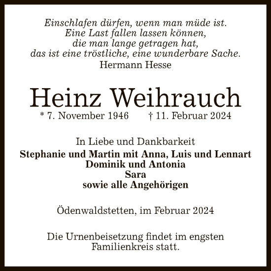 Anzeige von Heinz Weihrauch von Reutlinger General-Anzeiger