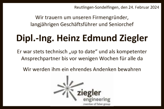 Anzeige von Heinz Edmund Ziegler von Reutlinger General-Anzeiger
