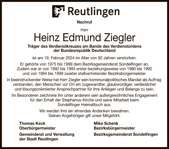 Anzeige von Heinz Edmund Ziegler von Reutlinger General-Anzeiger