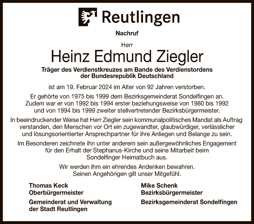  Traueranzeige für Heinz Edmund Ziegler vom 24.02.2024 aus Reutlinger General-Anzeiger