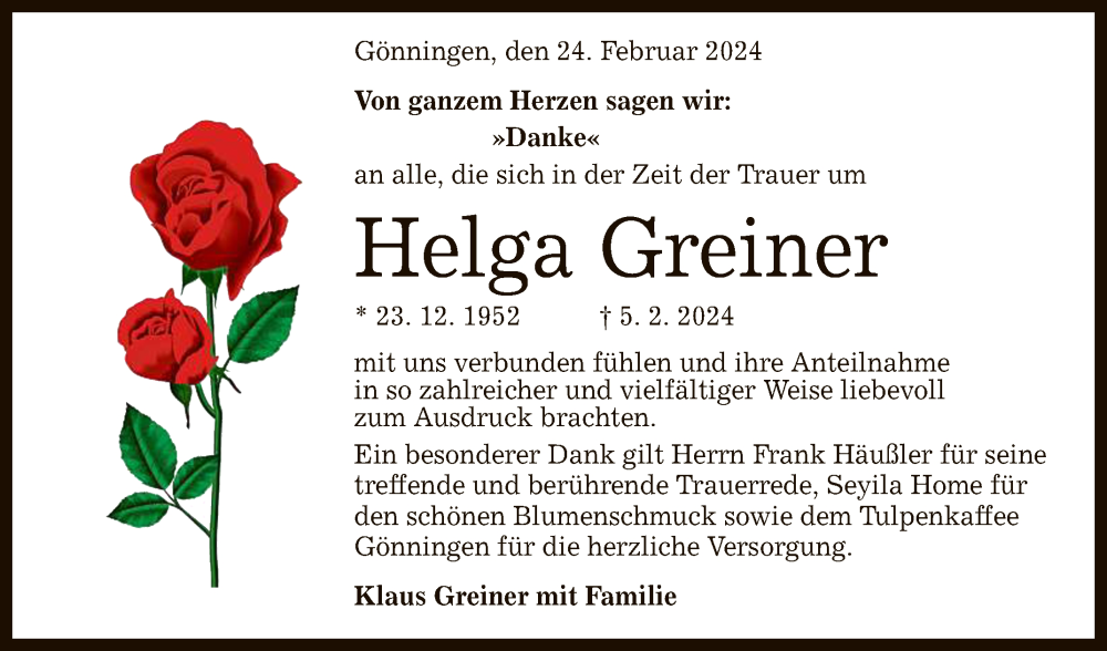  Traueranzeige für Helga Greiner vom 24.02.2024 aus Reutlinger General-Anzeiger