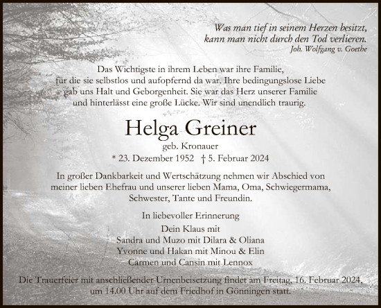 Anzeige von Helga Greiner von Reutlinger General-Anzeiger