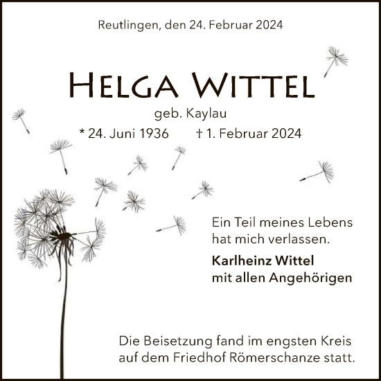 Anzeige von Helga Wittel von Reutlinger General-Anzeiger