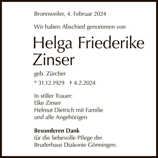 Anzeige von Helga Friederike Zinser von Reutlinger General-Anzeiger
