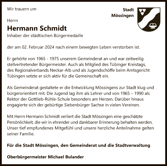 Anzeige von Hermann Schmidt von Reutlinger General-Anzeiger