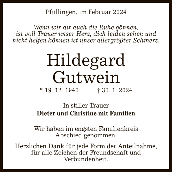 Anzeige von Hildegard Gutwein von Reutlinger General-Anzeiger