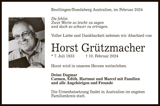 Anzeige von Horst Grützmacher von Reutlinger General-Anzeiger