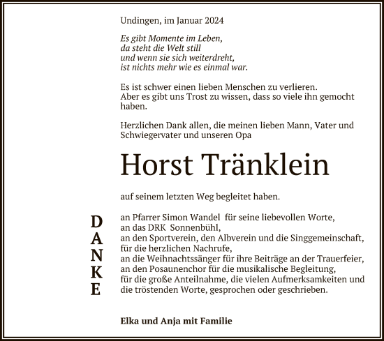 Anzeige von Horst Tränklein von Reutlinger General-Anzeiger