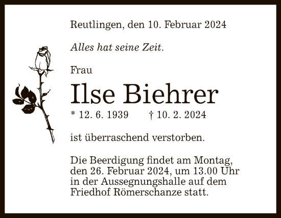 Anzeige von Ilse Biehrer von Reutlinger General-Anzeiger