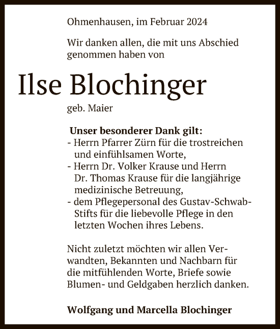 Anzeige von Ilse Blochinger von Reutlinger General-Anzeiger