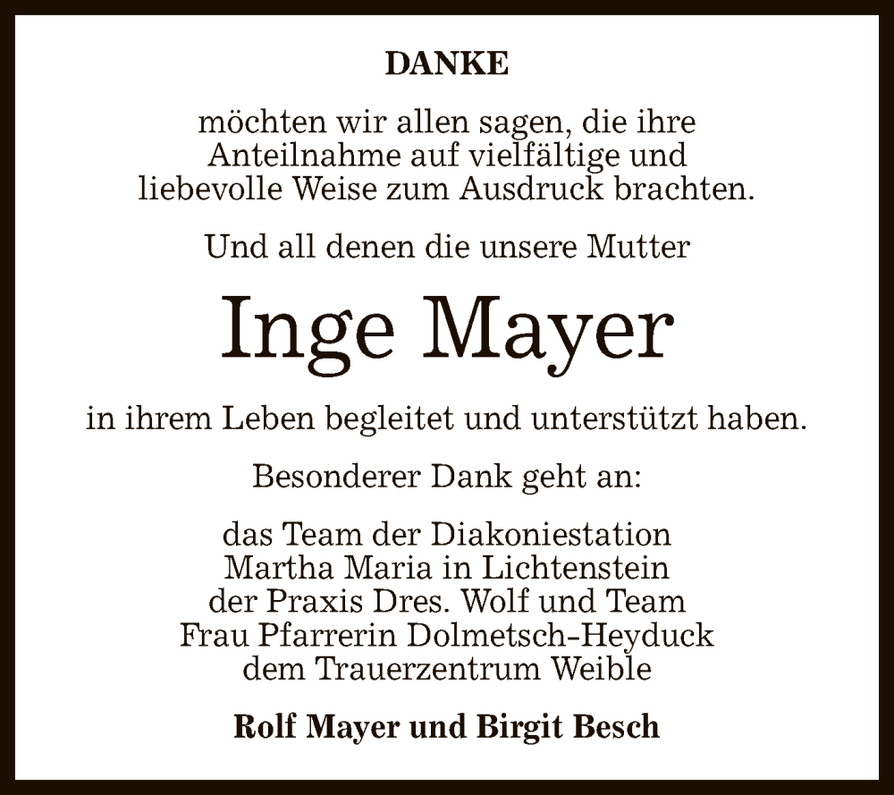  Traueranzeige für Inge Mayer vom 10.02.2024 aus Reutlinger General-Anzeiger