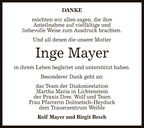 Anzeige von Inge Mayer von Reutlinger General-Anzeiger