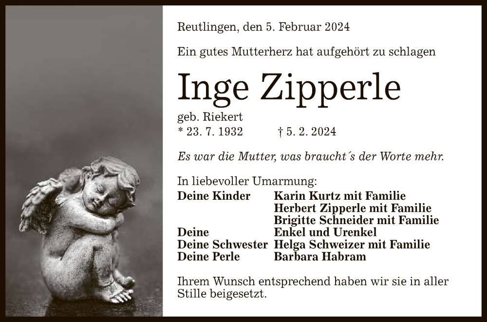  Traueranzeige für Inge Zipperle vom 17.02.2024 aus Reutlinger General-Anzeiger