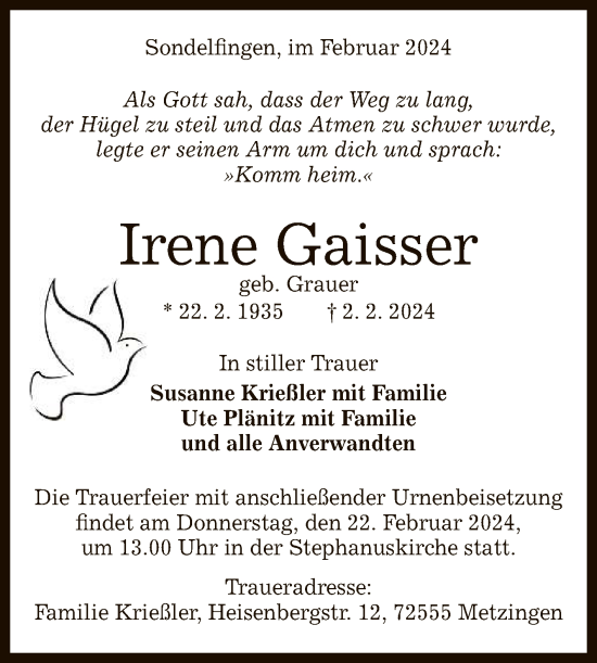Anzeige von Irene Gaisser von Reutlinger General-Anzeiger