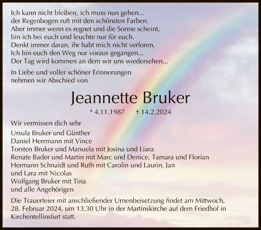  Traueranzeige für Jeannette Bruker vom 22.02.2024 aus Reutlinger General-Anzeiger