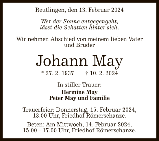 Anzeige von Johann May von Reutlinger General-Anzeiger
