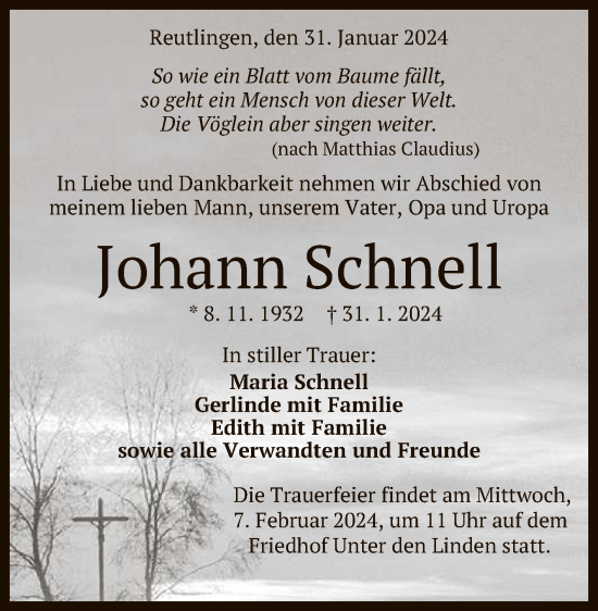 Anzeige von Johann Schnell von Reutlinger General-Anzeiger