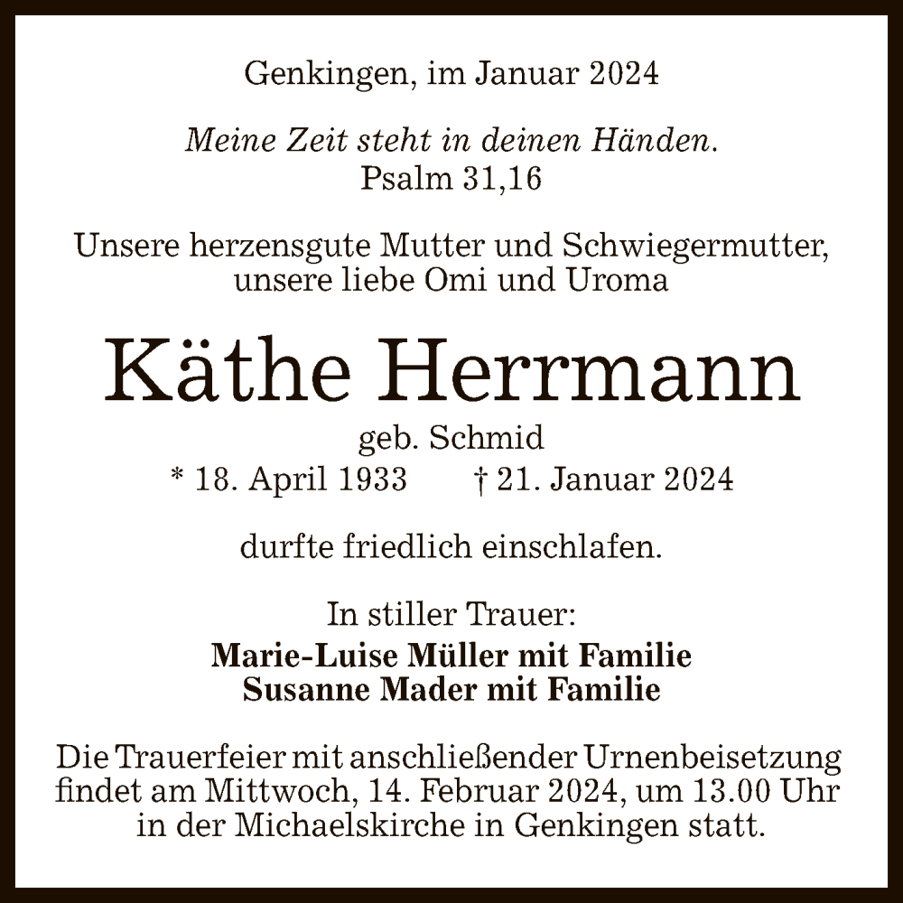  Traueranzeige für Käthe Herrmann vom 10.02.2024 aus Reutlinger General-Anzeiger