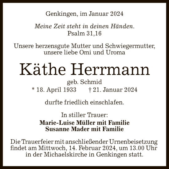 Anzeige von Käthe Herrmann von Reutlinger General-Anzeiger
