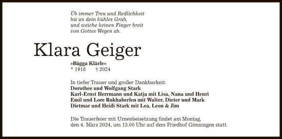 Anzeige von Klara Geiger von Reutlinger General-Anzeiger