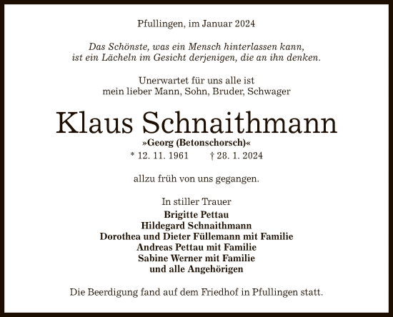 Anzeige von Klaus Schnaithmann von Reutlinger General-Anzeiger