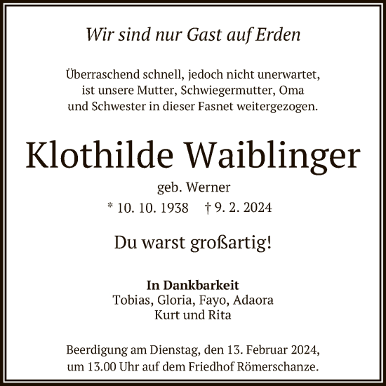 Anzeige von Klothilde Waiblinger von Reutlinger General-Anzeiger