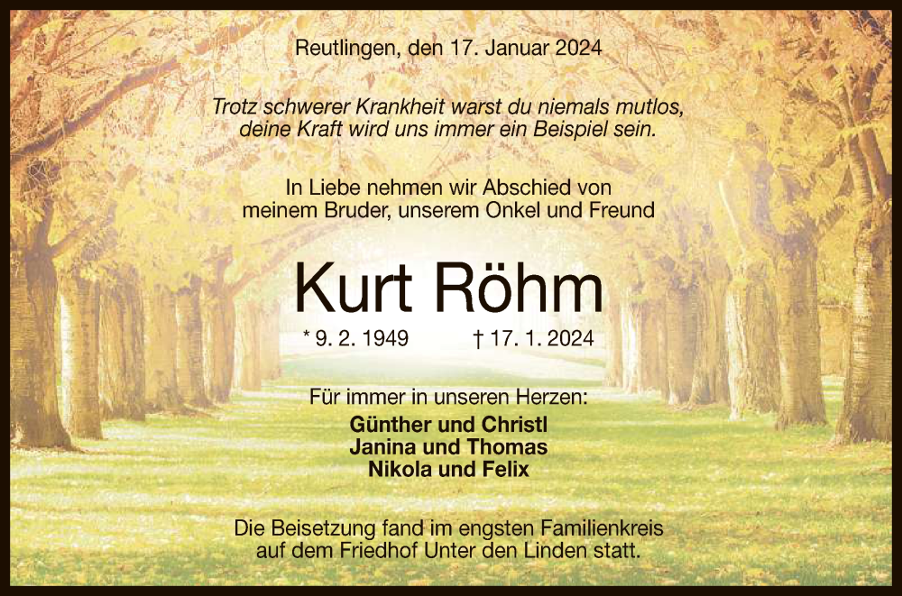  Traueranzeige für Kurt Röhm vom 10.02.2024 aus Reutlinger General-Anzeiger