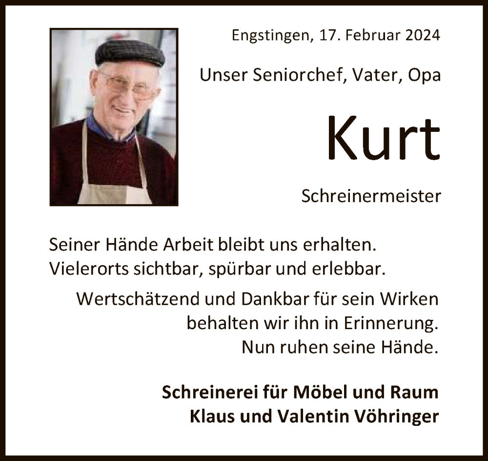  Traueranzeige für Kurt Vöhringer vom 20.02.2024 aus Reutlinger General-Anzeiger
