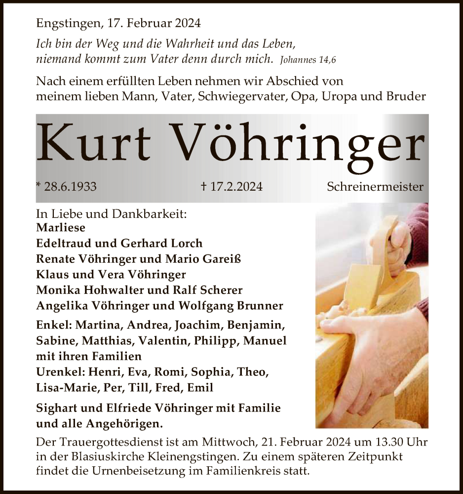  Traueranzeige für Kurt Vöhringer vom 20.02.2024 aus Reutlinger General-Anzeiger
