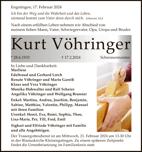 Anzeige von Kurt Vöhringer von Reutlinger General-Anzeiger