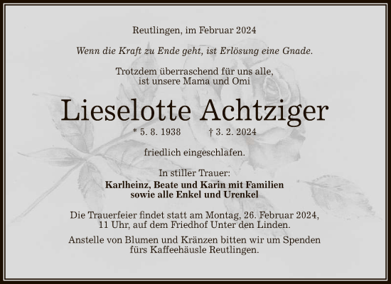 Anzeige von Lieselotte Achtziger von Reutlinger General-Anzeiger