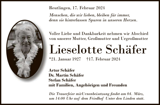 Anzeige von Lieselotte Schäfer von Reutlinger General-Anzeiger