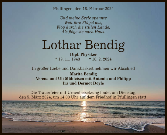 Anzeige von Lothar Bendig von Reutlinger General-Anzeiger