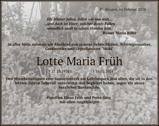 Anzeige von Lotte Maria Früh von Reutlinger General-Anzeiger