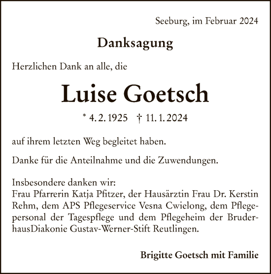 Anzeige von Luise Goetsch von Reutlinger General-Anzeiger